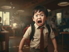 asiático niño en emocional dinámica actitud en colegio ai generativo foto