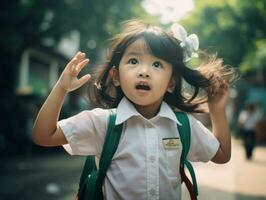 Asian kid in emotional dynamic pose in school AI Generative photo