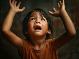 asiático niño en emocional dinámica actitud en colegio ai generativo foto