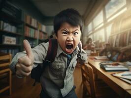 asiático niño en emocional dinámica actitud en colegio ai generativo foto