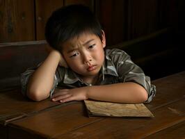 Asian kid in emotional dynamic pose in school AI Generative photo