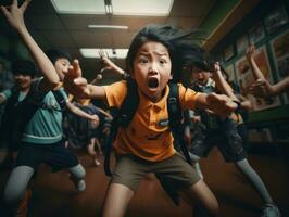 asiático niño en emocional dinámica actitud en colegio ai generativo foto