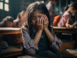 Asian kid in emotional dynamic pose in school AI Generative photo