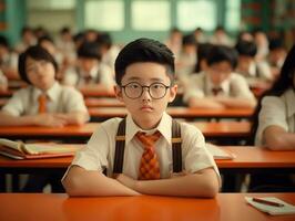 Asian kid in emotional dynamic pose in school AI Generative photo