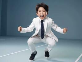 Asian kid in emotional dynamic pose in school AI Generative photo