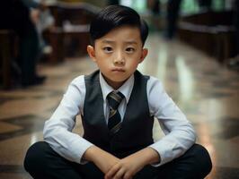 Asian kid in emotional dynamic pose in school AI Generative photo