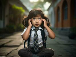 Asian kid in emotional dynamic pose in school AI Generative photo