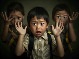 Asian kid in emotional dynamic pose in school AI Generative photo