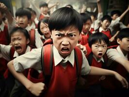 Asian kid in emotional dynamic pose in school AI Generative photo