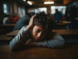 Asian kid in emotional dynamic pose in school AI Generative photo