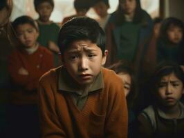 Asian kid in emotional dynamic pose in school AI Generative photo