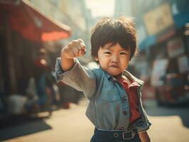 Asian kid in emotional dynamic pose in school AI Generative photo