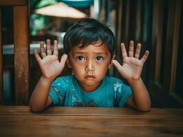 asiático niño en emocional dinámica actitud en colegio ai generativo foto