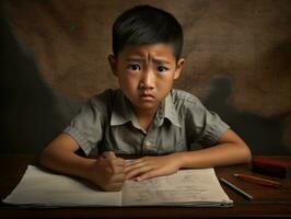 Asian kid in emotional dynamic pose in school AI Generative photo