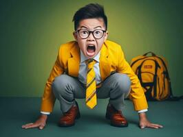 Asian kid in emotional dynamic pose in school AI Generative photo