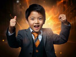 Asian kid in emotional dynamic pose in school AI Generative photo