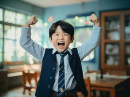 Asian kid in emotional dynamic pose in school AI Generative photo