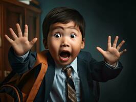 asiático niño en emocional dinámica actitud en colegio ai generativo foto