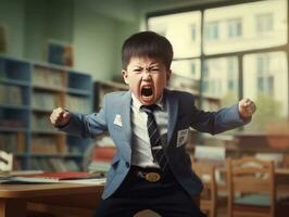 asiático niño en emocional dinámica actitud en colegio ai generativo foto