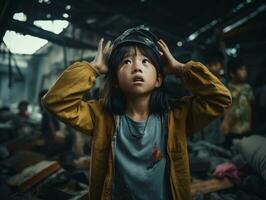 Asian kid in emotional dynamic pose in school AI Generative photo
