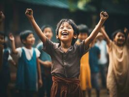 Asian kid in emotional dynamic pose in school AI Generative photo