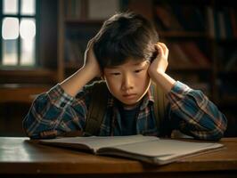 Asian kid in emotional dynamic pose in school AI Generative photo