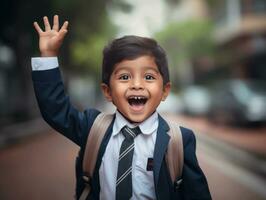 Asian kid in emotional dynamic pose in school AI Generative photo