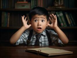 asiático niño en emocional dinámica actitud en colegio ai generativo foto