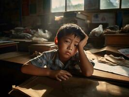 Asian kid in emotional dynamic pose in school AI Generative photo