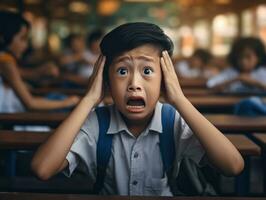 asiático niño en emocional dinámica actitud en colegio ai generativo foto