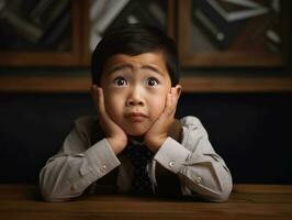 Asian kid in emotional dynamic pose in school AI Generative photo