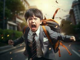 Asian kid in emotional dynamic pose in school AI Generative photo