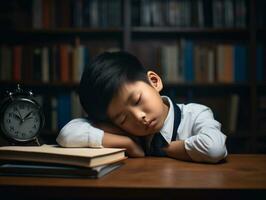 Asian kid in emotional dynamic pose in school AI Generative photo