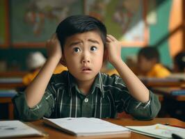 Asian kid in emotional dynamic pose in school AI Generative photo