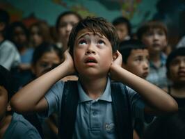 Asian kid in emotional dynamic pose in school AI Generative photo