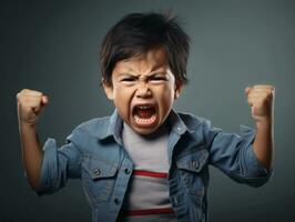 Asian kid in emotional dynamic pose in school AI Generative photo