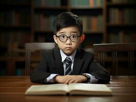 asiático niño en emocional dinámica actitud en colegio ai generativo foto