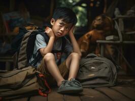 Asian kid in emotional dynamic pose in school AI Generative photo