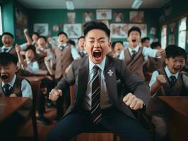 Asian kid in emotional dynamic pose in school AI Generative photo