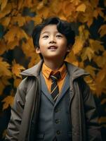 Asian kid in emotional dynamic pose on autumn background AI Generative photo