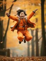 Asian kid in emotional dynamic pose on autumn background AI Generative photo