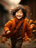 Asian kid in emotional dynamic pose on autumn background AI Generative photo