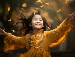 Asian kid in emotional dynamic pose on autumn background AI Generative photo