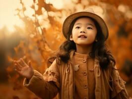 Asian kid in emotional dynamic pose on autumn background AI Generative photo