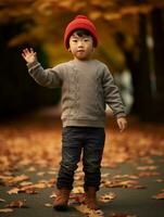 asiático niño en emocional dinámica actitud en otoño antecedentes ai generativo foto