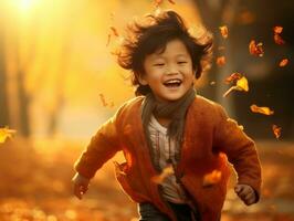 Asian kid in emotional dynamic pose on autumn background AI Generative photo