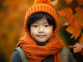 asiático niño en emocional dinámica actitud en otoño antecedentes ai generativo foto