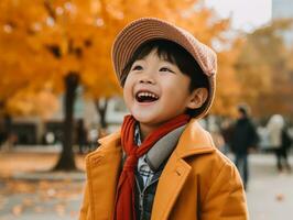 Asian kid in emotional dynamic pose on autumn background AI Generative photo