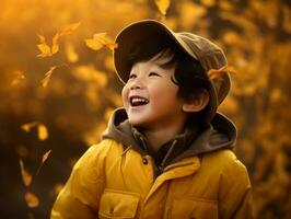 Asian kid in emotional dynamic pose on autumn background AI Generative photo