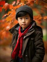 asiático niño en emocional dinámica actitud en otoño antecedentes ai generativo foto